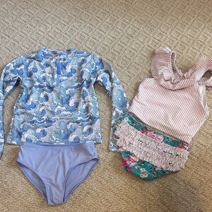 Ruffle Butts Blue Wave and Pink Stripe Swim Set